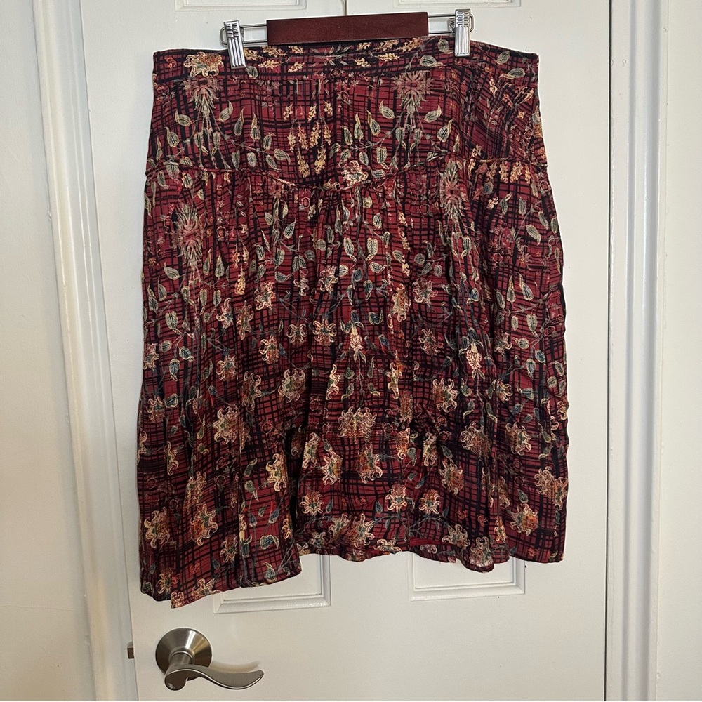 Peruvian Connection Silk Blend Skirt Red Floral Abstract Boho Lagenlook Mature - Picture 2 of 7